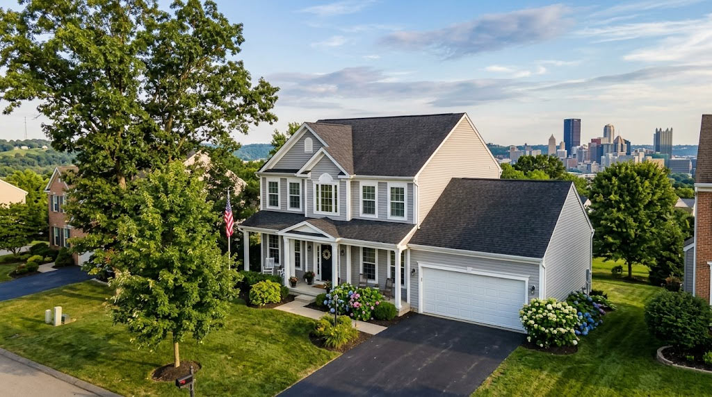 A lovely home in Pittsburgh with new siding and the city skyline in the background